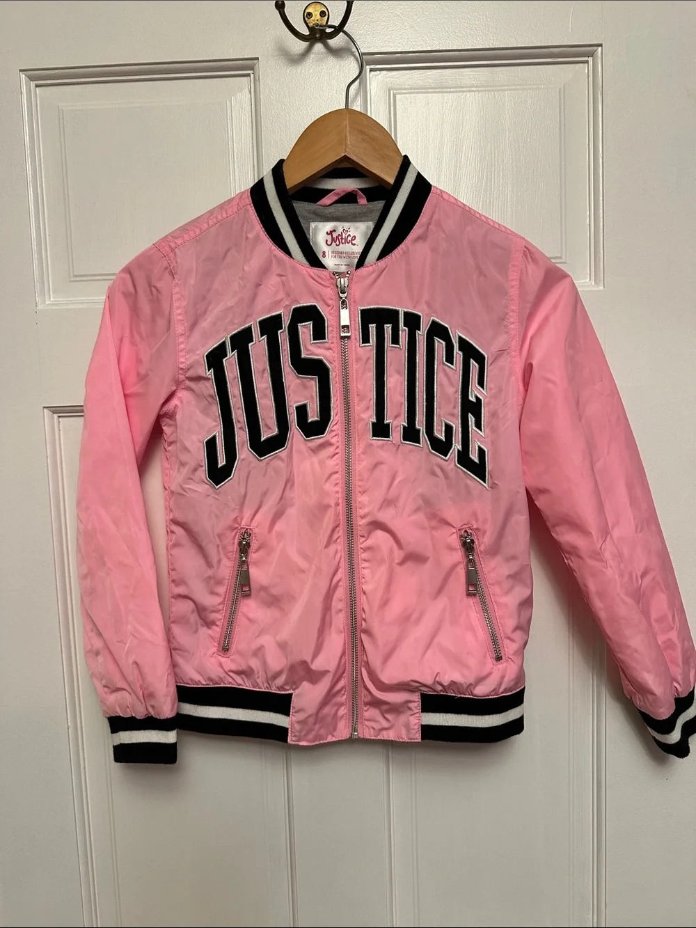 Justice Pink Varsity-Style Bomber Jacket with Black Trim